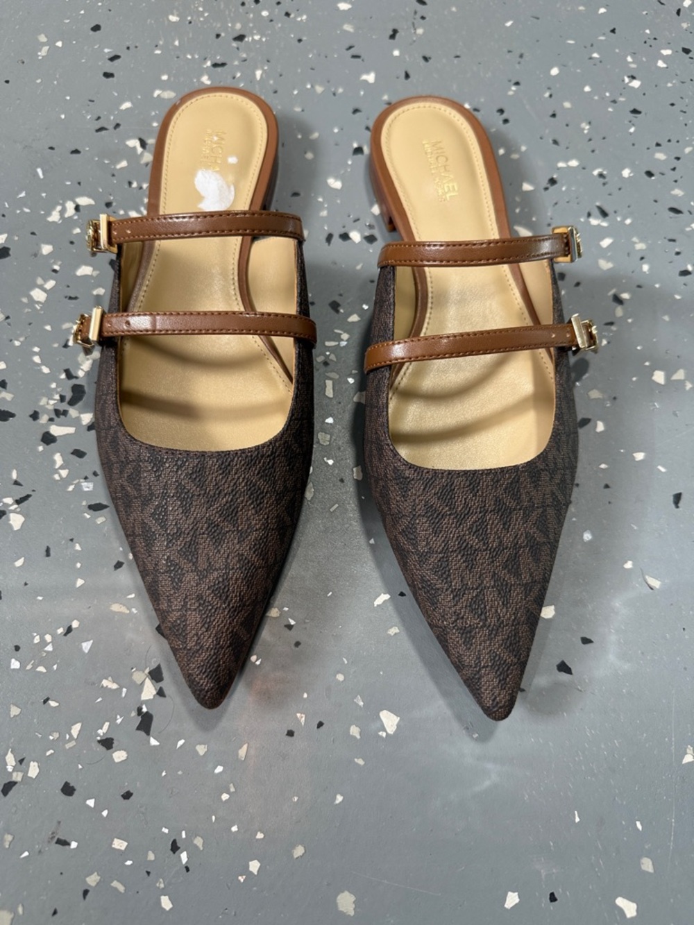 Michael Kors Brown Monogram Pointed-Toe Double-Strap Flats - Picture 3 of 5
